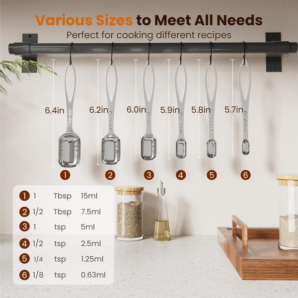 6PCS Narrow Measuring Spoons Set, Stainless Steel Measuring Spoon Fits in Spice Jars, Metal Teaspoon Measuring Spoons, Rectangular Tablespoon, Long Measuring Spoons for Dry & Liquid Ingredients4