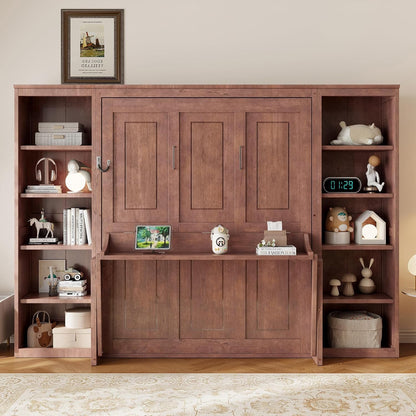 Murphy Bed Full Size,Space-Saving Hideaway Wall Bed with Desk and Bookshelf,Murphy Bed W/Slat Support,Bedroom Folding Bedframe for Guest Room,Dark Brown3
