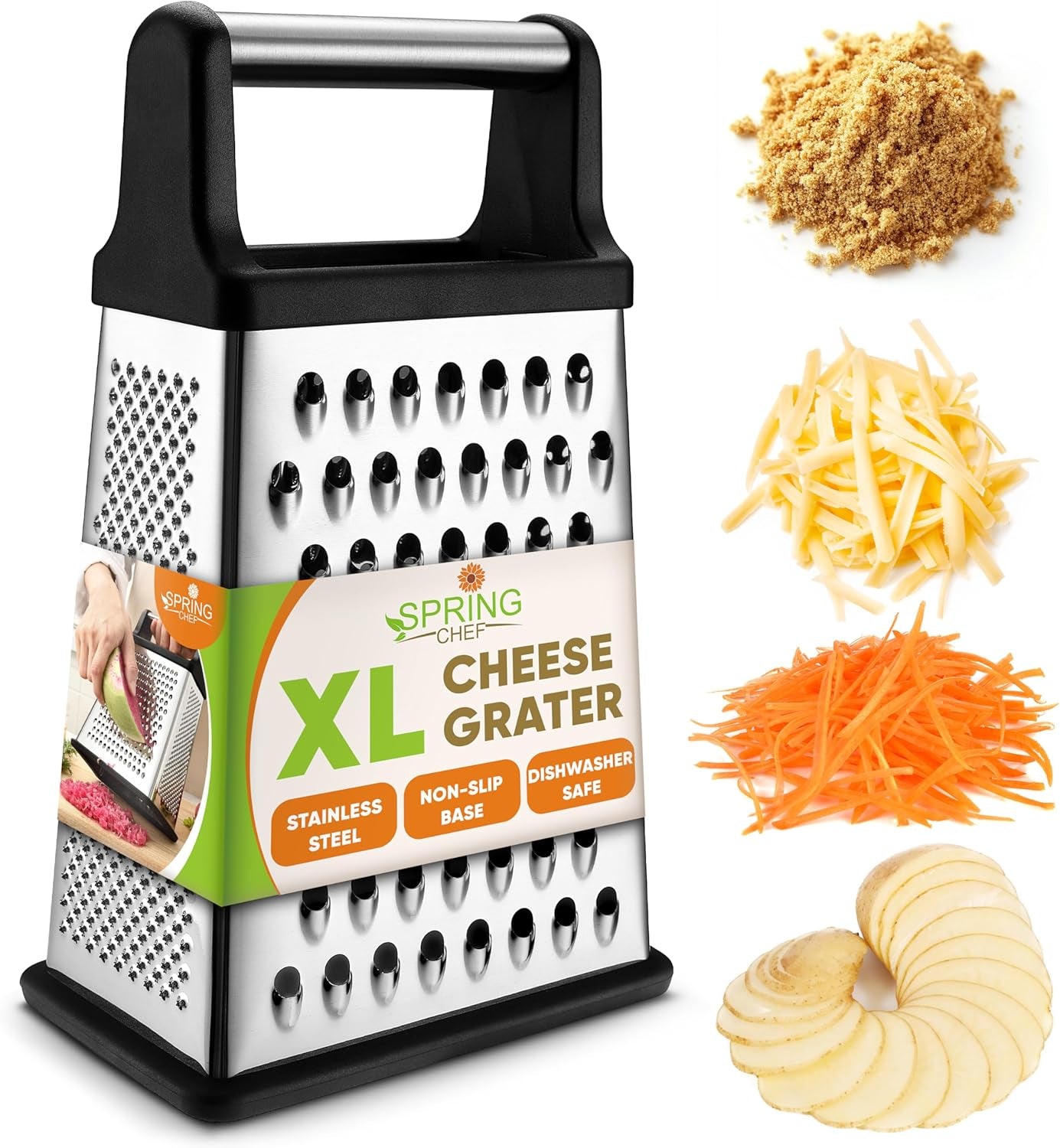 stainless-steel-xl-cheese-grater-for-kitchen-black-4-sided-manual-metal-box-grater-for-carrot-potato-parmesan-cheese-shredder-professional-vegetable-grater-dishwasher-safe