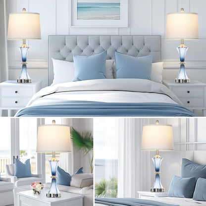 Blue Glass Table Lamp Set of 2 with USB C+A Ports & AC Outlet, Bedside Lamp, Modern Bedroom Lamps, Coastal Lamp for Night Stands Bedroom Living Room,Nightstand Lamp LED Bulbs Included5