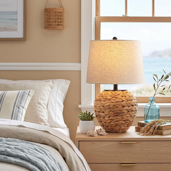 23’’ Rattan Table Lamp with Natural Woven Water Hyacinth Basket Base & Linen Drum Shade, Boho Farmhouse Bedside Lamp for Living Room Bedroom, Includes 3-Color Temperature LED Bulb7