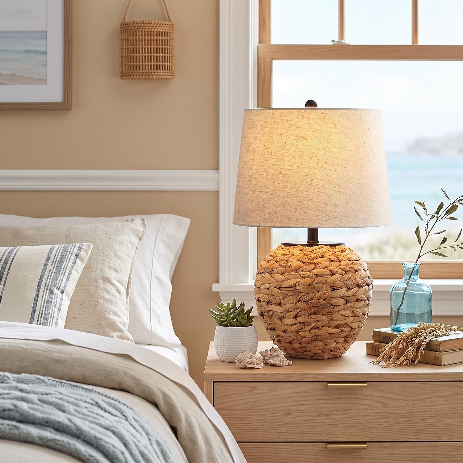 23-rattan-table-lamp-with-natural-woven-water-hyacinth-basket-base-linen-drum-shade-boho-farmhouse-bedside-lamp-for-living-room-bedroom-includes-3-color-temperature-led-bulb