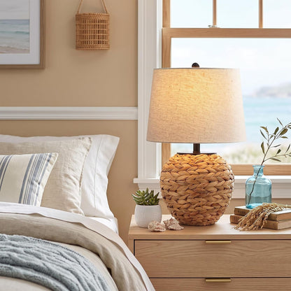23’’ Rattan Table Lamp with Natural Woven Water Hyacinth Basket Base & Linen Drum Shade, Boho Farmhouse Bedside Lamp for Living Room Bedroom, Includes 3-Color Temperature LED Bulb7