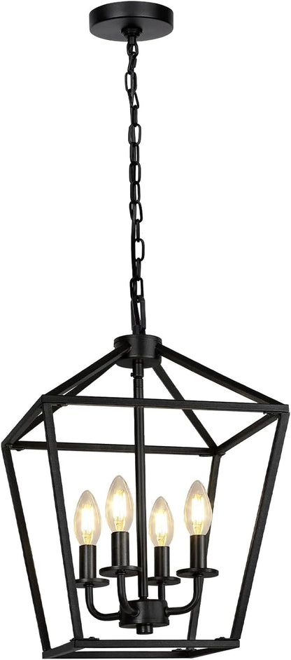 4 Light Chandelier, Industrial Ceiling Light Black Lantern Light Fixtures with Farmhouse Metal Cage Adjustable Height Rustic Geometric Hanging Light E12 Base for Kitchen Island, Entryway, Indoor8