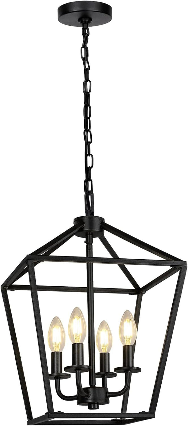 4 Light Chandelier, Industrial Ceiling Light Black Lantern Light Fixtures with Farmhouse Metal Cage Adjustable Height Rustic Geometric Hanging Light E12 Base for Kitchen Island, Entryway, Indoor8