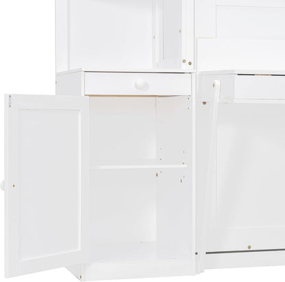 Queen Murphy Bed with Storage Shelves, Desk, and LED Lights,Wood Hidden Folding Farmhouse Murphy Wall Bed with Storage Cabinets Bookcase Drawers & Shelves for Adults, Space-Saving (Queen,White)8
