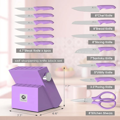 14-Piece Knife Set with Block, Utility Knife, Purple | Glides through Meat, Fish, Veggies & Bread, Standout Color for Stylish Kitchens, Built-In Sharpener3