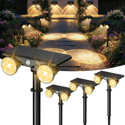 Solar Lights Outdoor Waterproof, Dual Heads Adjustable Solar Spot Lights Outdoor, 2-In-1 Motion Sensor Solar Powered Spotlight Landscape Lighting for Garden, Yard, Pathway- 4 Pack (Warm Light)1