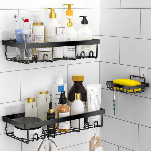 3-Pack Shower Caddy Basket Shelf with Soap Holder, No Drilling Traceless Adhesive Shower Wall Shelves, Rustproof Black Bathroom Shower Storage Organizer1