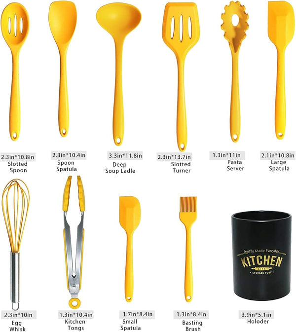 11Pcs Silicone Cooking Utensils Set - Heat Resistant Kitchen Tools, Spatula, Turner, Tongs, Spoon, Whisk, BPA Free, Dishwasher Safe, Nonstick Cookware Utensils (Yellow)2
