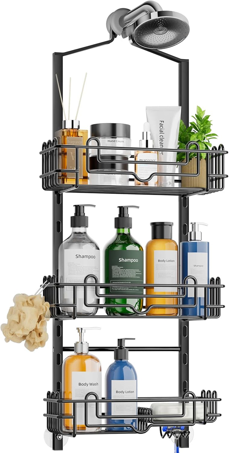 shower-caddy-hanging-organizer-3-tier-rustproof-shower-organizer-over-showerhead-with-adjustable-baskets-24-hooks-soap-razor-holder-no-drill-large-bathroom-storage-rack-black