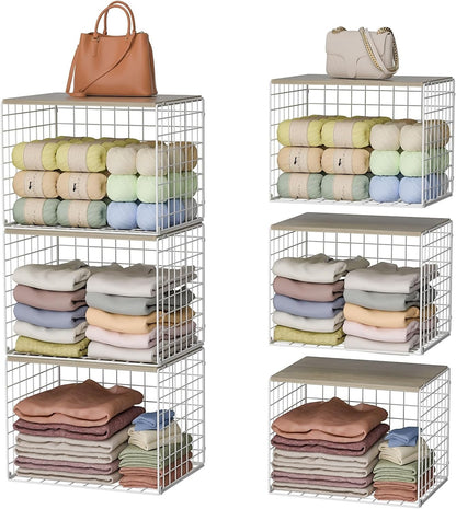 Extra-Long Closet Organizers and Storage with Top Board, 3 Pack Stackable Closet Shelf Organizer, Double Storage Design, Clothes Storage Cube/Bin/Basket for Wardrobe, Space-Saving, White,Sturdy,Metal1