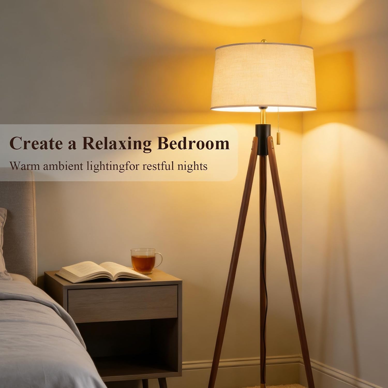 mid-century-tripod-floor-lamp-with-pull-chain-black-gold-finish-two-tone-solid-wood-design-linen-tapered-drum-shade-tall-standing-lamp-for-living-room-bedroom-reading-corner-bulb-included