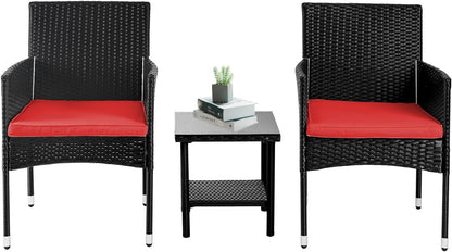 Set of 3 Outdoor Furniture Set Heavy Duty Patio Furniture Set Sturdy Conversation Set with 2 Rattan Chairs Glass Top Coffee Table Seat Cushions for Coffee Bar Poolside Patio Outdoor, Red1