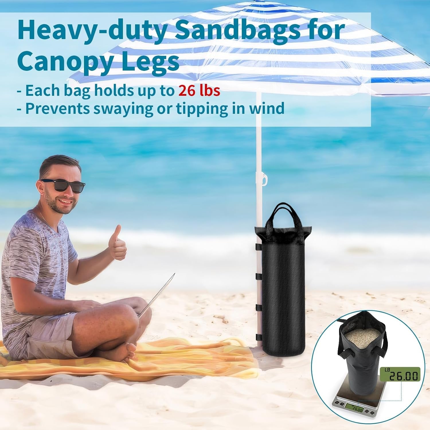 4-pack-sand-bags-6x20-inch-heavy-duty-for-canopy-tent-weights-holds-26-lbs-each-800d-oxford-cloth-with-waterproof-coating-and-hook-and-loop-straps
