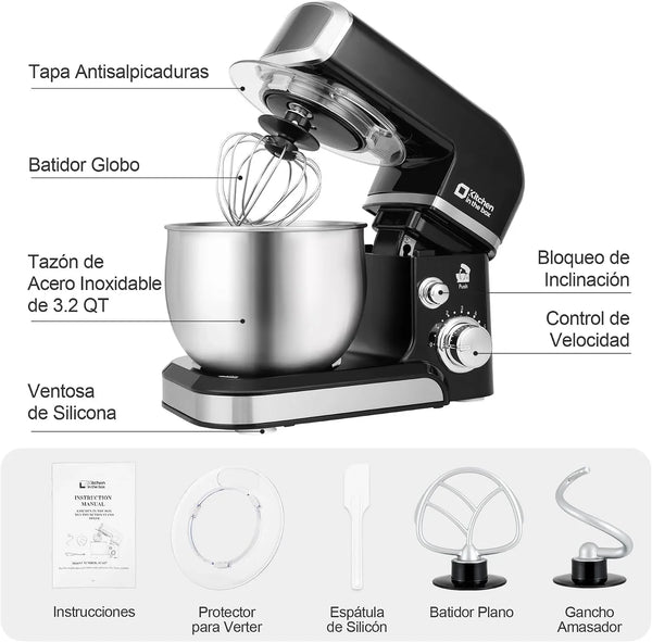 Stand Mixer,3.2Qt Small Electric Food Mixer,6 Speeds Portable Lightweight Kitchen Mixer for Daily Use with Egg Whisk,Dough Hook,Flat Beater (Black)3