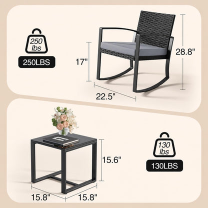 3 Pieces Patio Furniture Set Rocking Bistro Set Outdoor Rattan Conversation with Coffee Table for Garden Balcony Backyard Poolside (Grey Cushion)2