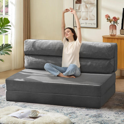 Folding Sofa Bed, Convertible Sleeper Chair with Pilow Foldable Matress, 2 in 1 Pull Out Loveseat Sofa Portable Fold Out Chair Bed Floor Couch Lounge for Living Room Bedroom (Grey, Full)1