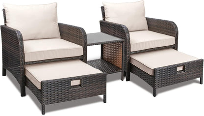 Balcony Furniture 5 Piece Patio Conversation Set, PE Wicker Rattan Outdoor Lounge Chairs with Soft Cushions 2 Ottoman&Glass Table for Porch, Lawn-Brown Wicker1