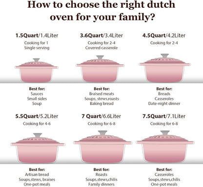Enameled Cast Iron Dutch Oven - 4.5QT Pot with Lid Cookbook & Cotton Potholders - Heavy-Duty Cookware for Braising, Stews, Roasting, Sourdough Baking Pink7