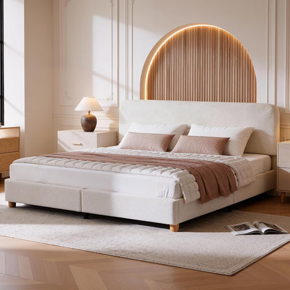 King Size Cloud Bed Frame, Boucle Wood Upholstered Platform Bed, Cream7