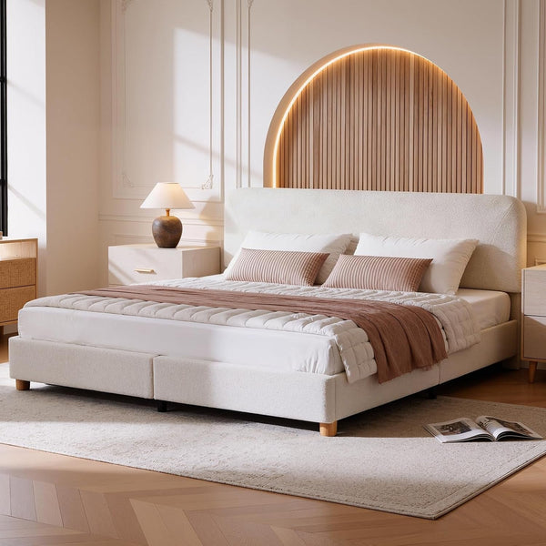 King Size Cloud Bed Frame, Boucle Wood Upholstered Platform Bed, Cream7