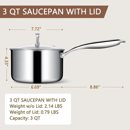 3 Ply Stainless Steel Saucepan with Lid, 3 Quart Multipurpose Cooking Pot, Stay-Cool Handle, Induction Oven Dishwasher Safe, 3 QT2