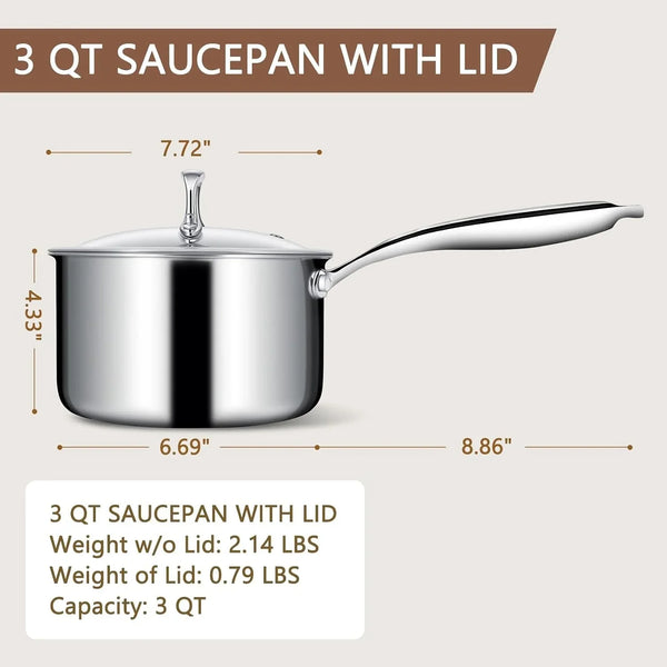 3 Ply Stainless Steel Saucepan with Lid, 3 Quart Multipurpose Cooking Pot, Stay-Cool Handle, Induction Oven Dishwasher Safe, 3 QT2