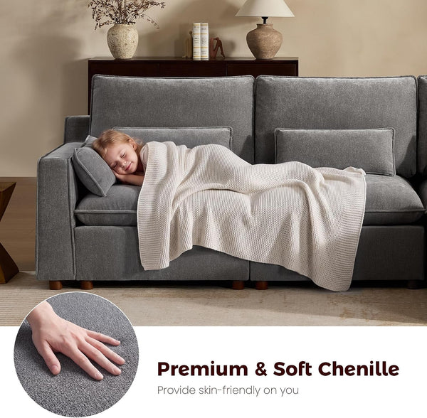 Modern Modular Sectional Sofa,105" V Shape Sectional Cloud Couch with Storage Ottoman,Comfty 6 Seat Sofa for Living Room,Grey Chenille6