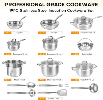 Stainless Steel Pots and Pans Set, 19PC Induction Cookware Set | Family Kitchens, Impact Bonded Base, Even Heat for Boiling, Frying and Sauteing2