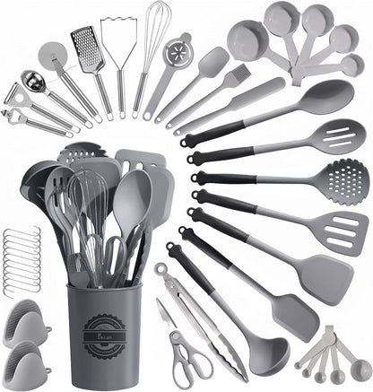 43 PCS Silicone Kitchen Utensils Set, Dishwasher Safe Kitchen Cooking Utensils Set, 446°F Spatulas Silicone Heat Resistant, Non Toxic Silicone Utensils Set with Two-Tone Grip Handles, Gray1