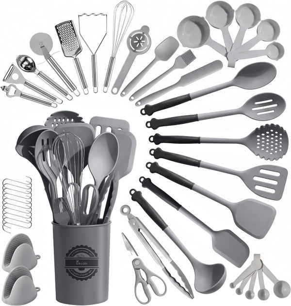 43 PCS Silicone Kitchen Utensils Set, Dishwasher Safe Kitchen Cooking Utensils Set, 446°F Spatulas Silicone Heat Resistant, Non Toxic Silicone Utensils Set with Two-Tone Grip Handles, Gray1