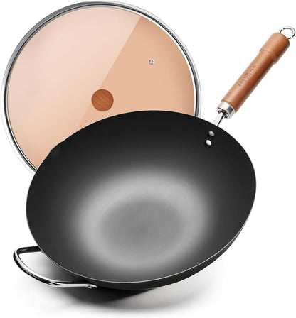 Carbon Steel Wok with Lid, 12.6 Inch Flat Bottom Wok Pan, Uncoated Stir Fry Pan with Wooden Handle, Chinese Wok for Gas, Electric, Induction & Ceramic Stoves | Uncoated Stir Fry Pan with Wooden Handle for Gas, Electric, Induction & Ceramic Stoves1