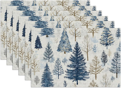 Vintage Winter Pine Tree Placemats Set of 6, Washable Linen Place Mat Heat Resistant Non Slip Kitchen Dining Table Mats 12X18 Inch1