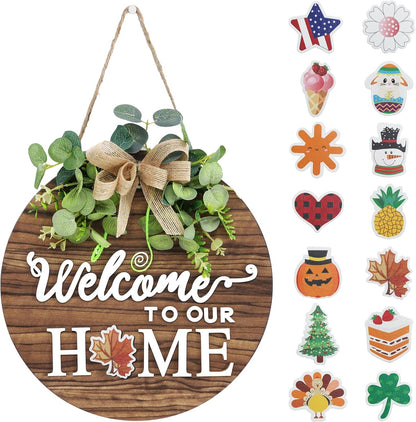 Interchange Welcome Sign Front Door Wreaths for Spring Fall Summer Winter | Rustic Wood Wreaths for Wall Home House Warming Gifts Outdoor Farmhouse Porch All Seasons Holiday Halloween Christmas1
