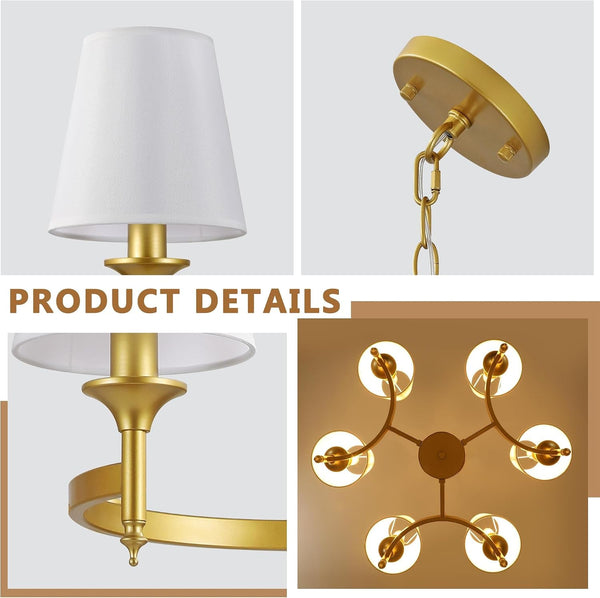 Gold Farmhouse Chandelier, 27.2" 6-Light round Pendant, White Fabric Shades7