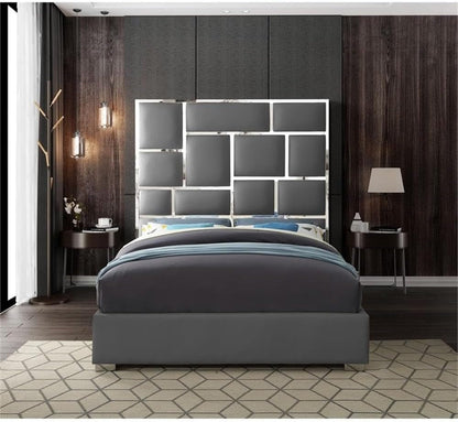 Modern King Bed, Solid Wood and Gray Vegan Leather, Chrome Metal Accents, 81.5" W X 84.5" D X 70" H, Tall Geometric Headboard, No Box Spring Required, Contemporary Bedroom Furniture5