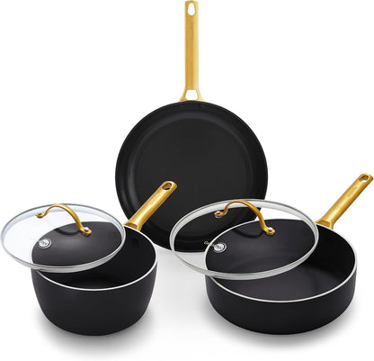 5 Piece Set Cookware Pots and Pans Set, Ceramic Nonstick Pfas-Free, Hard Anodized, Frypan Saucepan Saute Pan with Lids, Gold-Tone Stainless Steel Handles, Dishwasher Safe, Black1