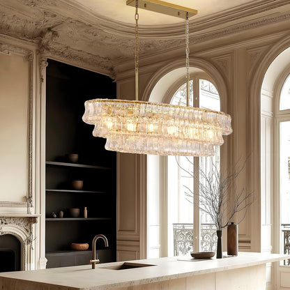 39In Large Chandelier Gold, Modern Dining Room Light Fixtures, 3 Layer Luxury Glass Chandelier 6 Light Rectangular Chandeliers for Dining Room Kitchen Island Living Room (Clear Glass)7