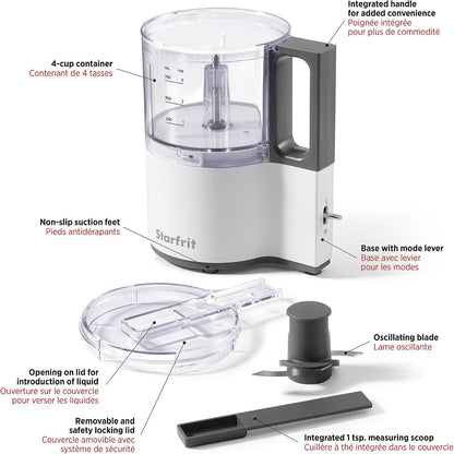 Electric Oscillating Food Processor - 4 Cups - Measuring Spoon - High, Low & Pulse Modes - 300W3