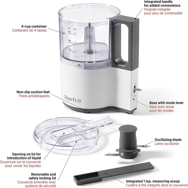 Electric Oscillating Food Processor - 4 Cups - Measuring Spoon - High, Low & Pulse Modes - 300W3