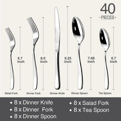 18/10 Silverware Set for 8, 40 Piece Stainless Steel Flatware Set Cutlery7
