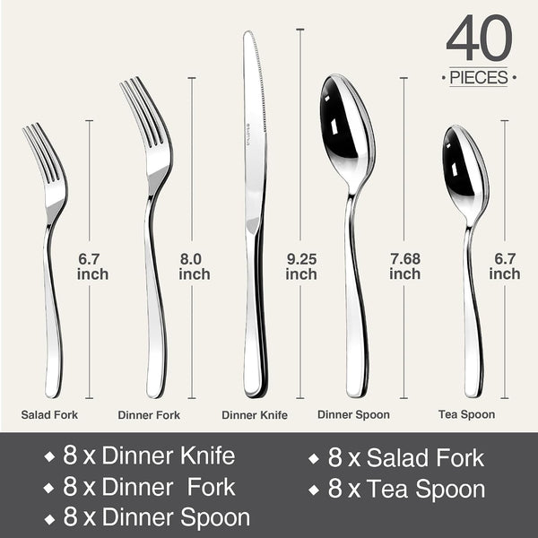 18/10 Silverware Set for 8, 40 Piece Stainless Steel Flatware Set Cutlery7