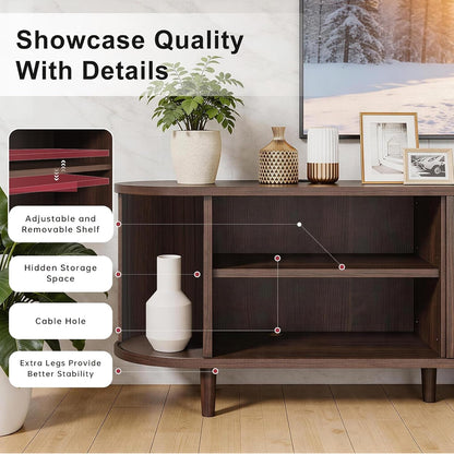 70" Mid Century Modern TV Stand, Wood TV Consoles with Sliding Doors and Power Outlet, Entertainment Center with Adjustable Shelves, Fluted TV Stands for Living Room, Walnut6