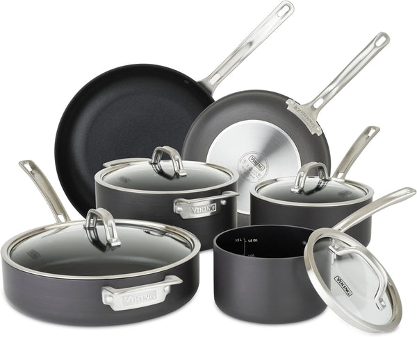 Viking Pots and Pans Set Non Stick, 10 Piece Hard Anodized Kitchen Cookware with Glass Lids, Black1