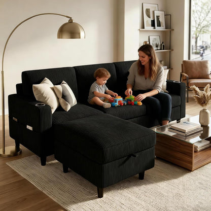 Convertible Sectional Couches for Living Room, 3 Seats L Shaped Sofa with Storage Ottoman & 2 Cup Holders, Modern Corduroy Couch Small Sofas for Small Space, Apartment, Office, Black4