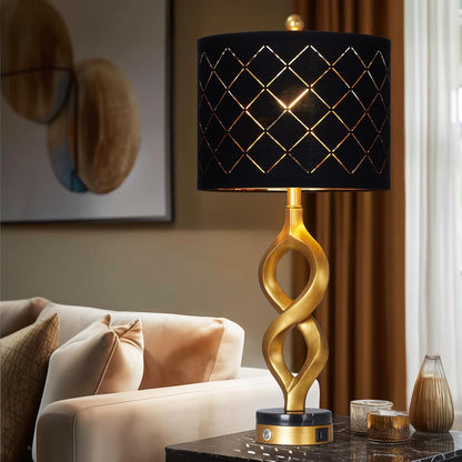 30" Black and Gold Table Lamps Set of 2 for Bedroom, Modern Touch Control Bedside Lamps for Living Room, 3-Way Dimmable Sculptural Resin Nightstand Lamps with USB A+C Ports and 2 LED Bulbs4