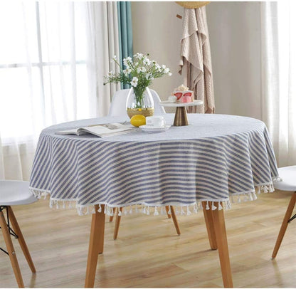 round Tablecloth Stripe Tassel Table Cloth Cotton Blend Dust-Proof Table Cover for Dining Circle Coffee Side End Card Tables, Parties Holiday Indoor Outdoor Use (Blue/White Stripes, 60 Inch)2
