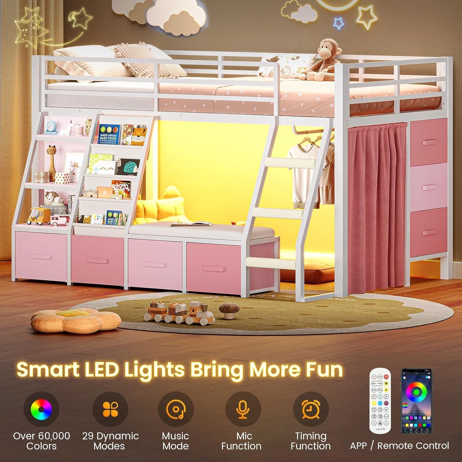 low-loft-bed-with-7-storage-drawers-reading-nook-kids-twin-loft-bed-with-bookshelf-led-lights-safety-guardrail-loft-bed-twin-size-with-35-8h-play-space-inclined-ladder-white-pink