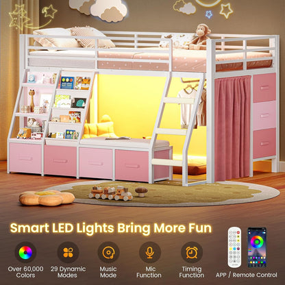 Low Loft Bed with 7 Storage Drawers & Reading Nook, Kids Twin Loft Bed with Bookshelf, LED Lights & Safety Guardrail, Loft Bed Twin Size with 35.8''H Play Space, Inclined Ladder, White & Pink3